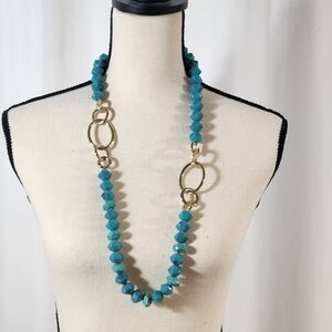 Vintage NRQ Long Faux Turquoise Gold Tone Beaded Necklace
